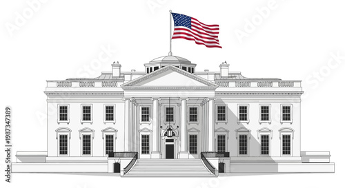 Detailed vector illustration of the White House featuring the American flag waving atop its dome, rendered in a clean, minimalist style against a stark white background