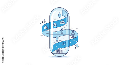 Abstract pill capsule contains medical and scientific icons isolated on white background