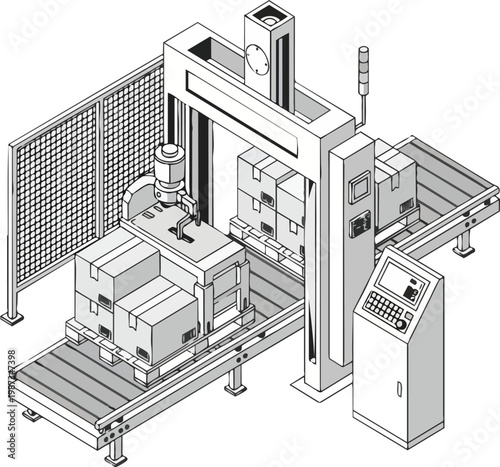 Automated Industrial Palletizer Machine with Conveyor Belt and Robotic Arm, Isometric Line Art Illustration for Warehouse Logistics and Manufacturing Industry Concepts