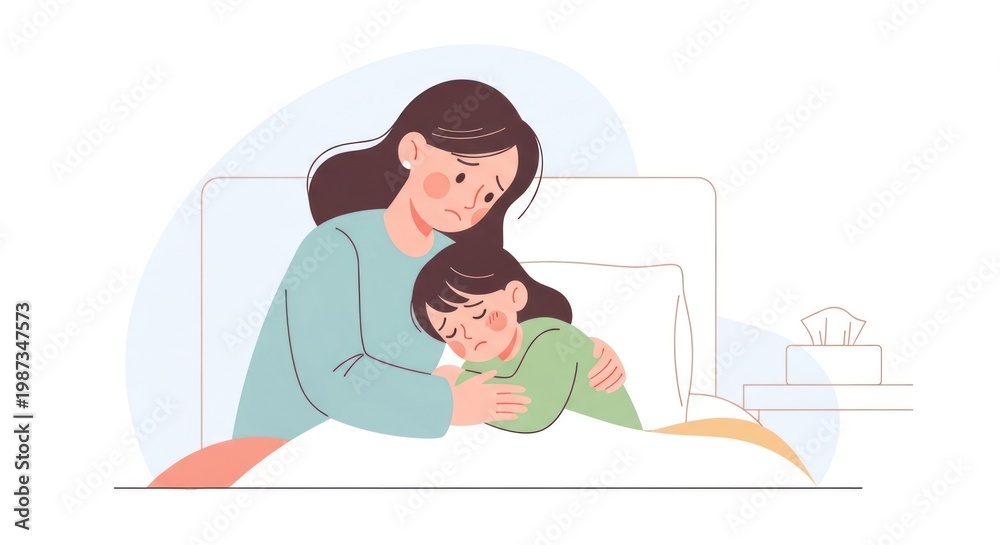 Obraz premium Mother comforts a sick child in bed vector illustration