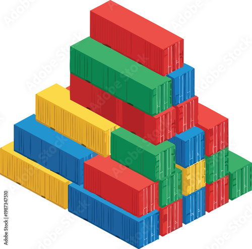 Isometric Stack of Colorful Cargo Containers Isolated on White Background for Logistics and Global Trade Concept