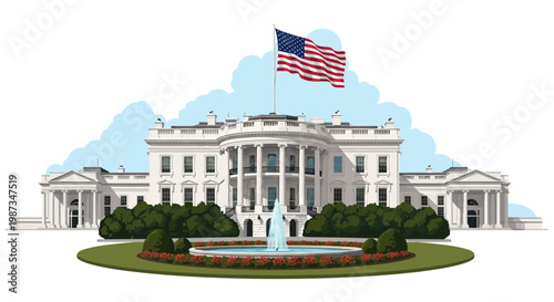 Illustrated White House with an American flag waving on top, depicted in a cartoon style with a fountain in the foreground, set against a white background with blue sky and clouds above