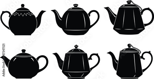 Flat vector illustration, six teapot silhouettes, black white design, diverse spout handle lid variations, decorative kitchenware artwork concept