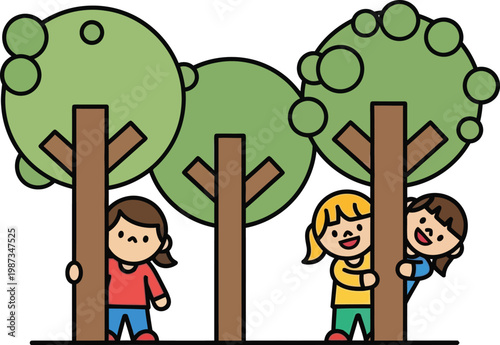 Children Playing Hide and Seek Behind Trees, Cartoon Style