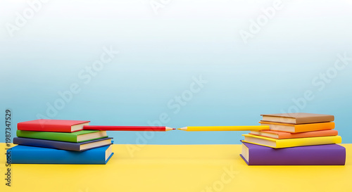 Two stacks of colorful books with pencils bridging the gap on yellow and blue background