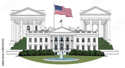 Vector illustration of the White House with the American flag waving above, set against a plain white background, providing a patriotic and clean design with classical architectural elements