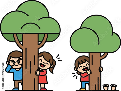 Children Playing Hide and Seek Behind Trees, Fun Outdoor Activity for Kids