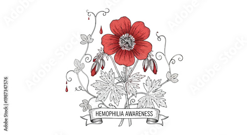 Red geranium flower with dew drops and hemophilia awareness ribbon isolated on white background
