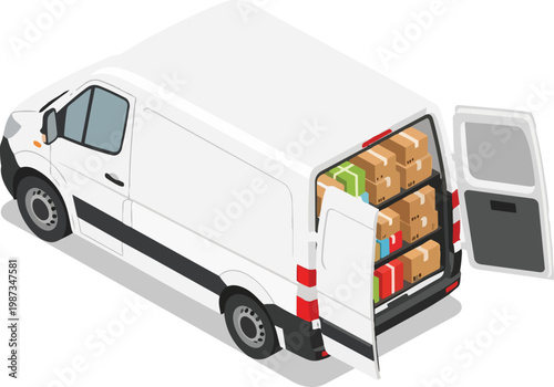 Isometric White Delivery Van with Open Rear Doors Loaded with Cardboard Boxes. 3D Vector Illustration for Logistics, E-commerce, and Express Shipping Services.