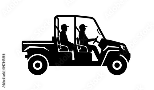 Minimalist silhouette of two people riding open utility vehicle side view vector illustration