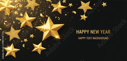 Happy New Year Gold Star Glitter Background with Luxury Black Celebration Design