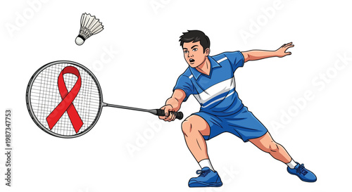 Badminton player hitting shuttlecock with red ribbon net isolated on white background