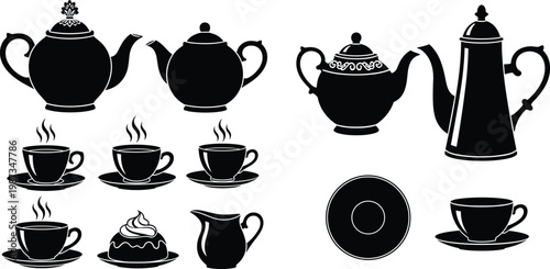 Flat vector illustration, teapot coffee pot moka pot cup saucer creamer dessert plate utensil kitchenware silhouettes black white decorative artwork