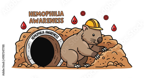 Wombat emerging from burrow with hemophilia awareness sign isolated on white background