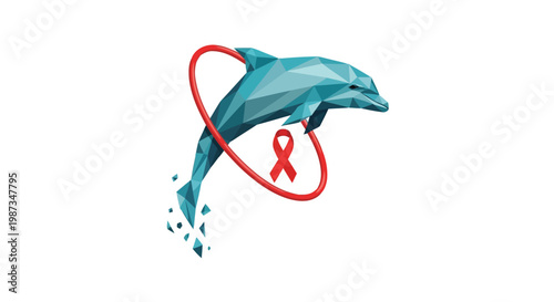 Low poly blue dolphin with red ribbon swirl abstract design isolated on white background