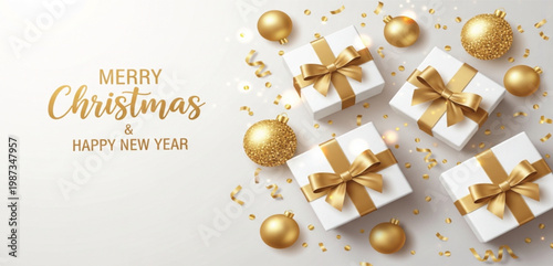 Merry Christmas and Happy New Year Gold Gift Boxes Luxury Holiday Background
