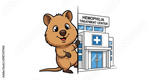 Happy quokka beside hemophilia treatment center building isolated on white background