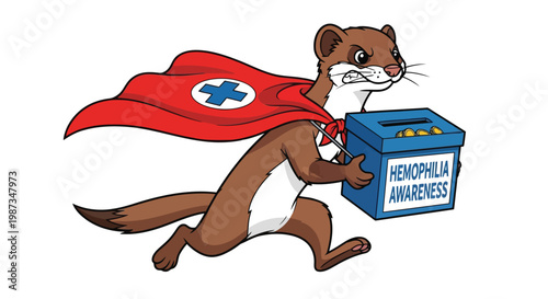Superhero weasel collecting donations for hemophilia awareness isolated on white background