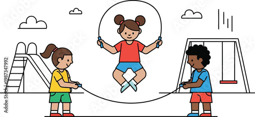 Children playing jump rope on playground with swing set and slide