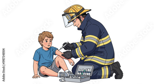 Firefighter administers injection to young boy with medical kit nearby isolated on white background