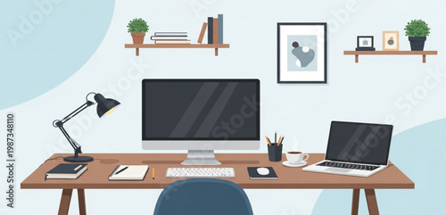 Modern Home Office Workspace with Computer Laptop Desk Lamp and Minimal Interior Remote Work Illustration