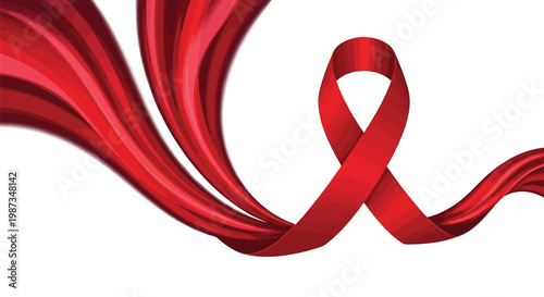 Elegant red ribbon flowing with abstract fabric elements on white background isolated on white background