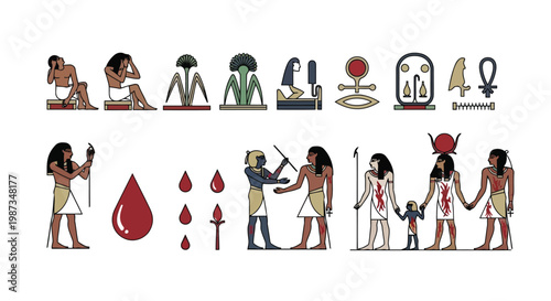 Ancient Egyptian hieroglyphs depict medical scenes and symbols of life isolated on white background