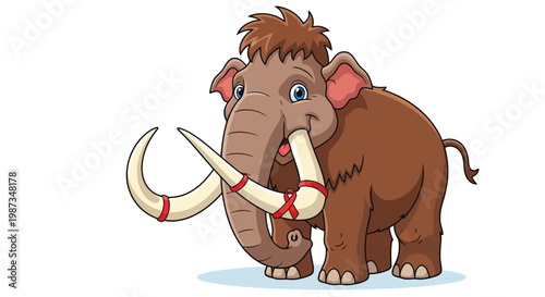 Cartoon mammoth wearing red ribbon on tusks for awareness isolated on white background