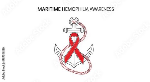 Red ribbon and anchor symbolize maritime hemophilia awareness isolated on white background