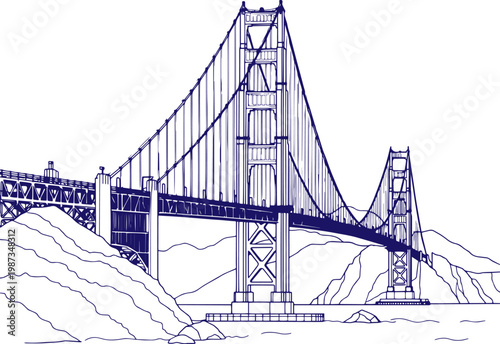 Golden Gate Bridge Hand Drawn Line Art Sketch Illustration, San Francisco Landmark Outline Drawing, Minimalist Architectural Ink Artwork, Vintage Style Travel Poster Design, Detailed Suspension Bridge