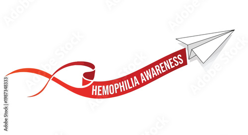 Paper airplane carrying hemophilia awareness ribbon and message isolated on white background