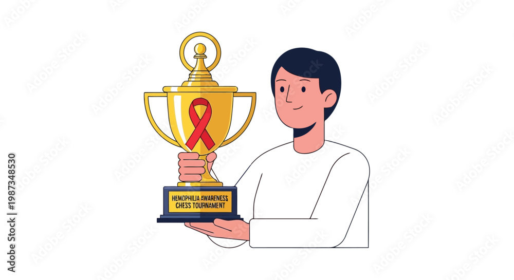 Fototapeta premium Man proudly holds trophy for hemophilia awareness chess tournament isolated on white background