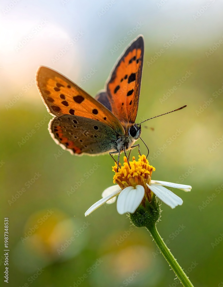 Fototapeta premium A vibrant, orange butterfly perches delicately on a small white and yellow wildflower, illuminated by soft sunlight in a blurred natural setting