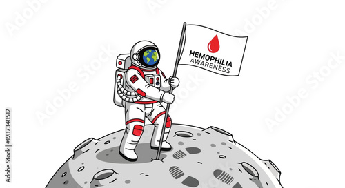 Astronaut plants flag on moon for hemophilia awareness isolated on white background