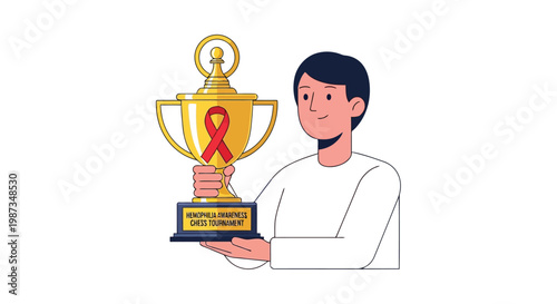 Man proudly holds trophy for hemophilia awareness chess tournament isolated on white background