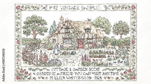 Vintage house landscape embroidery with traditional cross stitch frame for rustic rural scene ornament