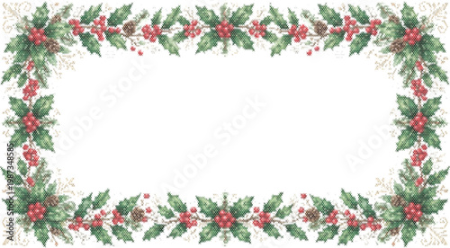 Floral vine embroidery frame with green leaves for traditional cross stitch border design ornament