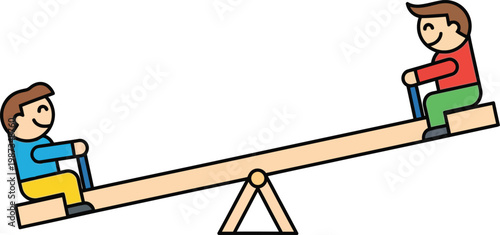 Two happy children playing on a seesaw, illustration, isolated on white