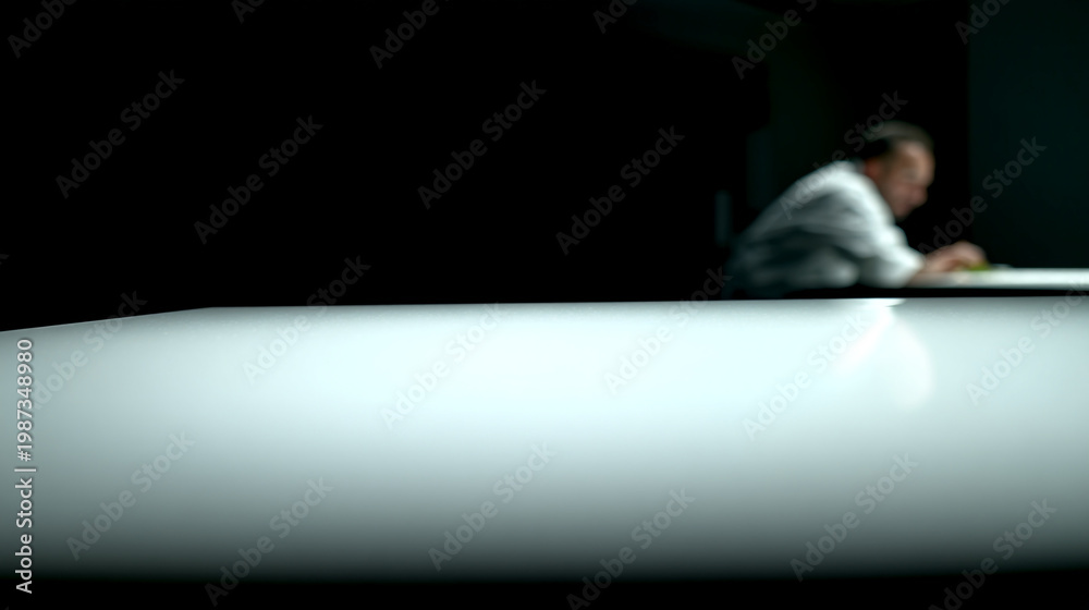 Fototapeta premium Blurred man in a white shirt working at a table in a dark room.