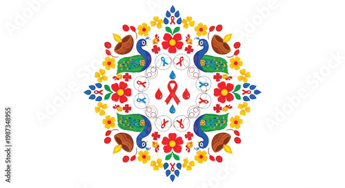 Decorative mandala with peacocks flowers and hemophilia ribbons illustration isolated on white background