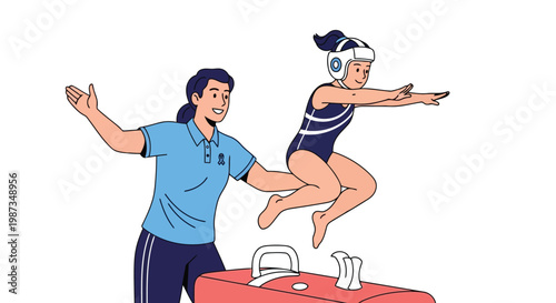 Gymnastics coach guiding athlete on pommel horse illustration isolated on white background