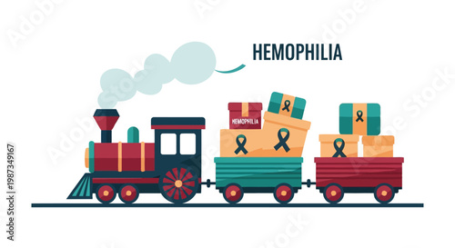 Train carrying boxes with hemophilia awareness ribbons and symbols isolated on white background