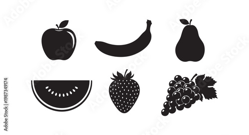Organic fruit silhouette collection featuring apple banana pear watermelon strawberry and grapes on white background set.