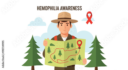 Ranger with map promoting hemophilia awareness in a forest setting isolated on white background
