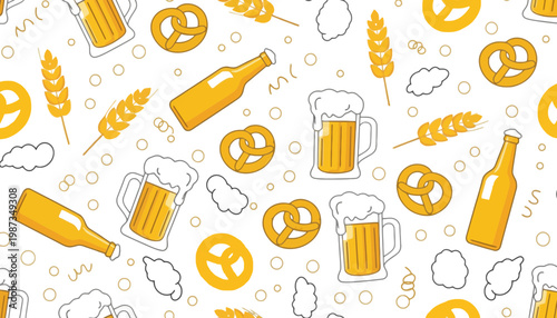 A beer bottle and mug illustration with pretzels and wheat on a white background