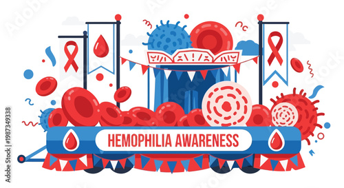 Abstract representation of hemophilia awareness with blood cells isolated on white background