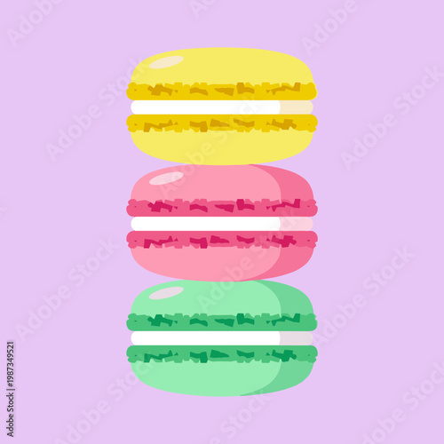 Stack of Colorful Macarons Vector Illustration, Yellow Pink and Green French Almond Cookies with Cream Filling, Sweet Dessert Pastry Food Graphic
