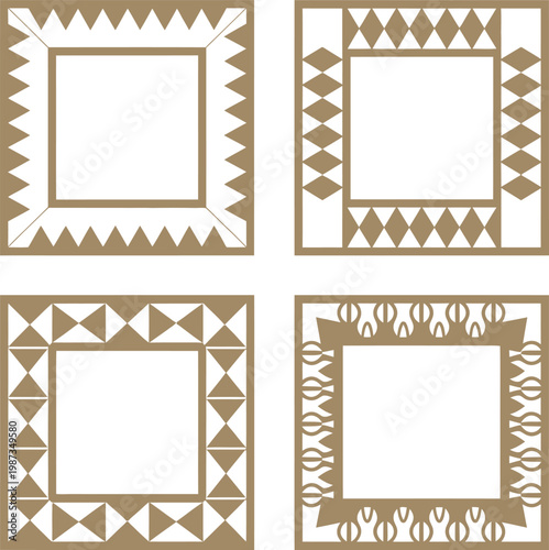 Set of four square decorative frames with geometric patterns, vector templates for laser cutting, CNC, paper cut, wood carving panels, ornamental borders, and stencil designs, ideal for architectural 