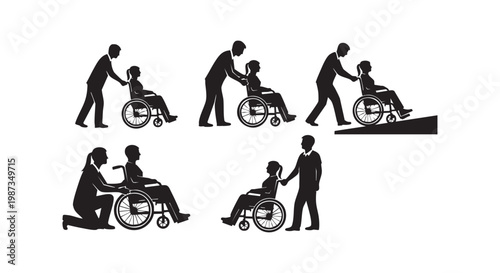 People in wheelchairs silhouettes assisted by caregivers helping individuals with mobility challenges on ramps and flat surfaces.
