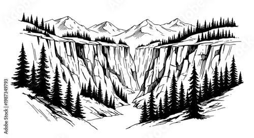 Vintage-Style Grand Canyon Forest Landscape Vector Illustration